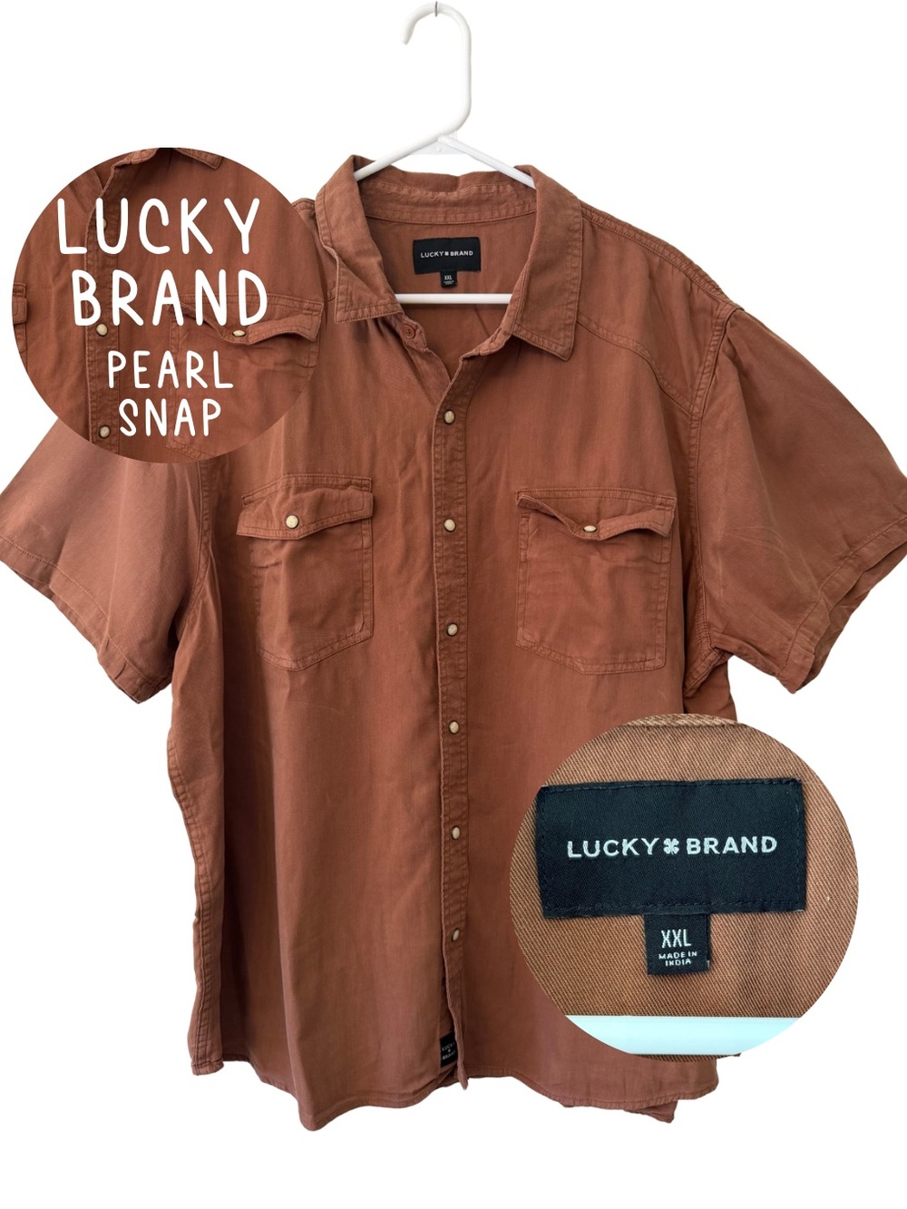 Lucky Brand Men’s Rust Brown Short-Sleeve Pearl Snap Shirt XXL Western Teracotta